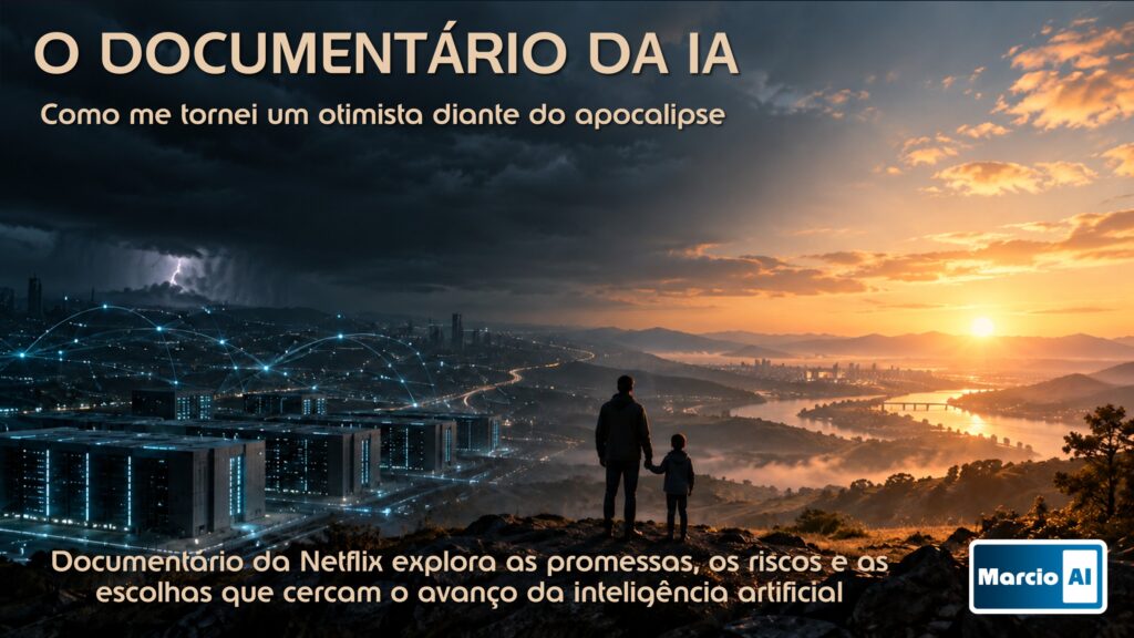 Pai e filho de costas no alto de um morro, diante de uma paisagem dividida entre uma cidade escura com data centers e raios de um lado e um vale ensolarado com rio do outro