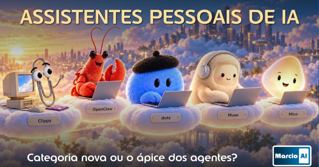 Mascotes de assistentes de IA sobre nuvens, cada um com um notebook: Clippy, OpenClaw, dots, Muse e Mico, com o título Assistentes pessoais de IA e o logo da Marcio.AI