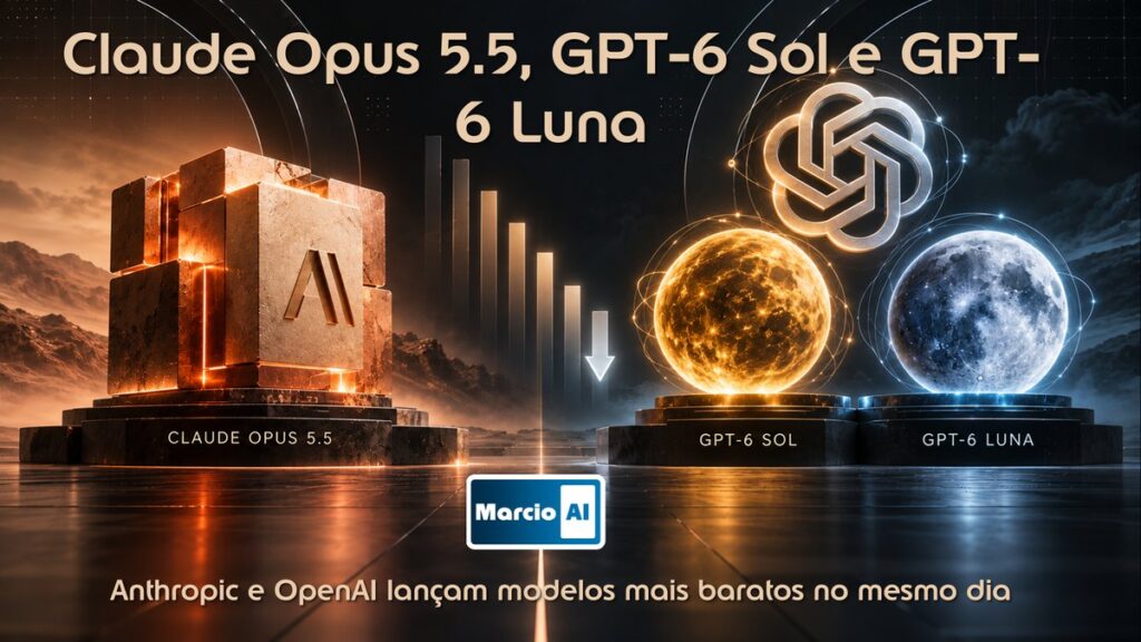Claude Opus 5.5, da Anthropic, de um lado, e GPT-6 Sol e GPT-6 Luna, da OpenAI, do outro, com barras de preço em queda entre eles
