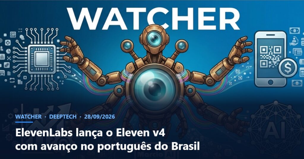 Capa do Watcher com o título ElevenLabs lança o Eleven v4 com avanço no português do Brasil