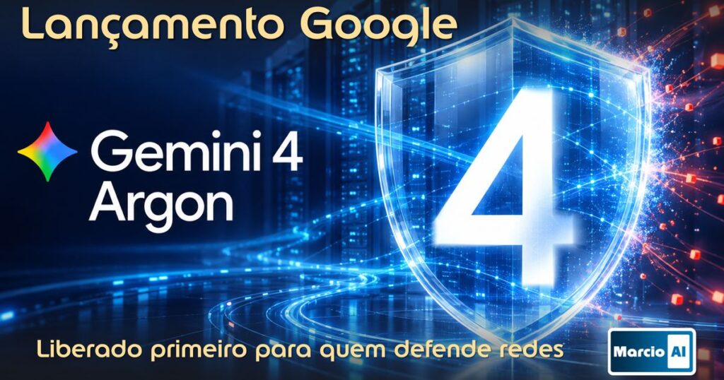 Escudo digital com o número 4 e o título Lançamento Google Gemini 4 Argon, liberado primeiro para quem defende redes, com o logo da Marcio.AI
