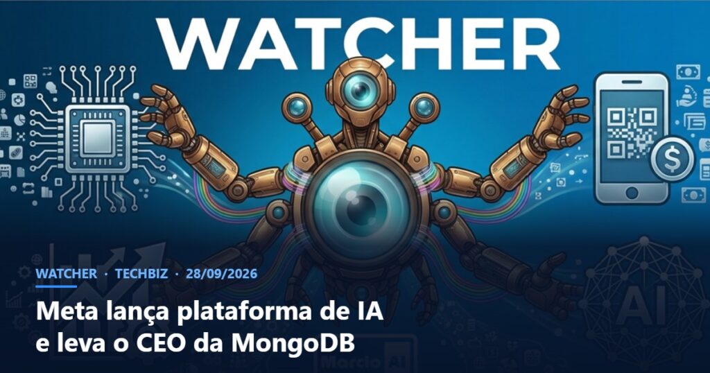 Capa do Watcher com o título Meta lança plataforma de IA e leva o CEO da MongoDB
