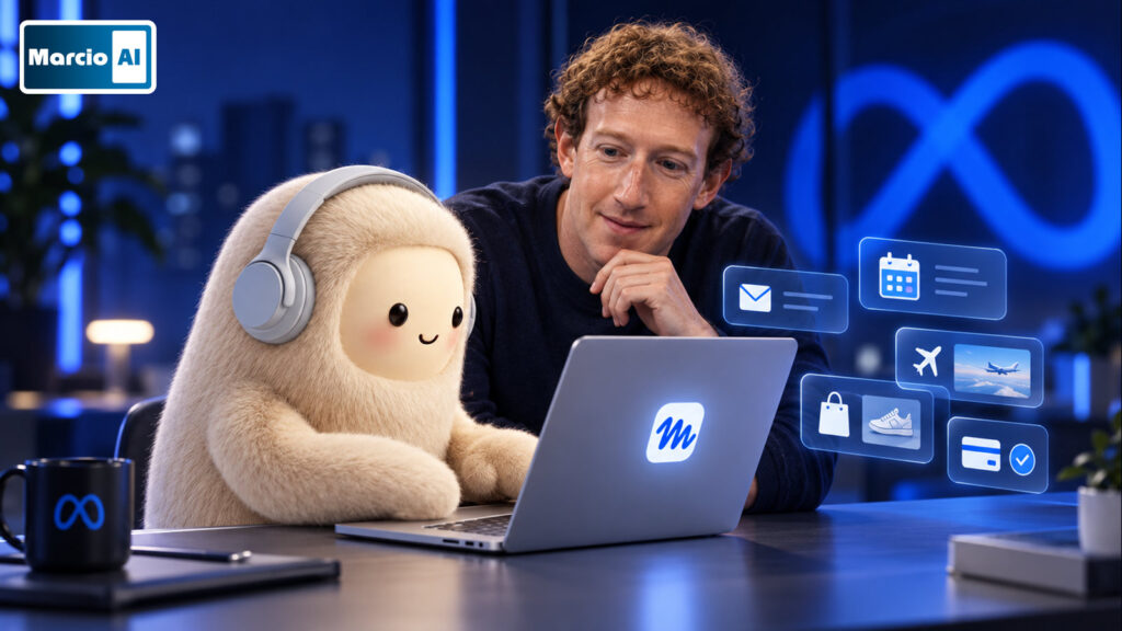 Mark Zuckerberg diante de um notebook com o ícone do Muse, ao lado de uma mascote de pelúcia com fones de ouvido, e cartões flutuantes de e-mail, agenda, viagem, compras e pagamento aprovado