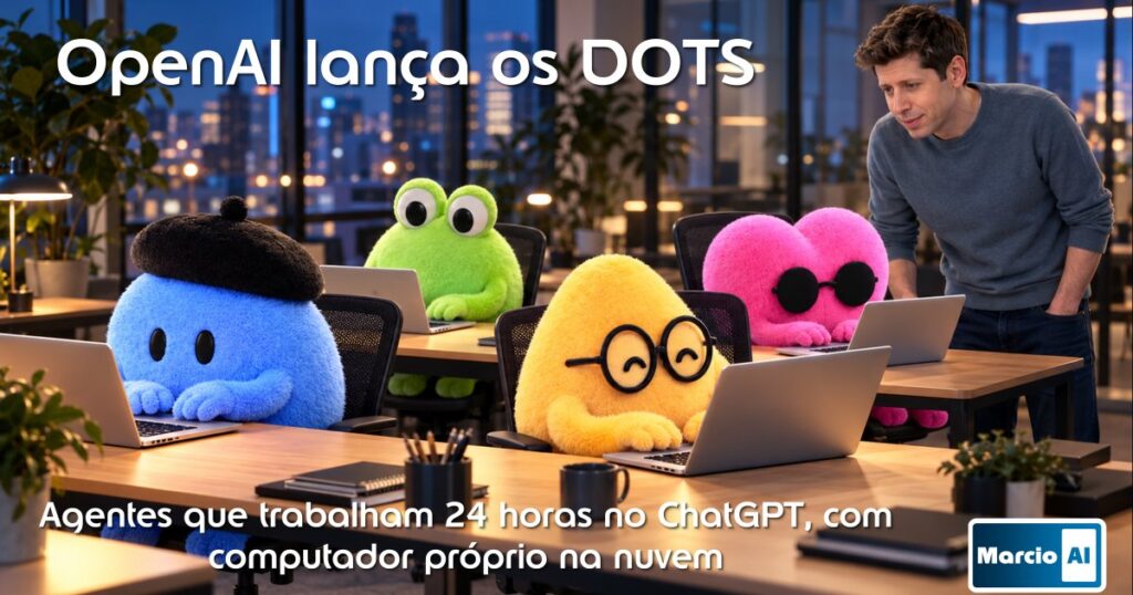 Mascotes coloridos dos dots da OpenAI trabalhando em notebooks num escritório, com o título OpenAI lança os DOTS e o logo da Marcio.AI