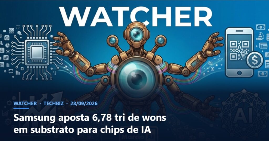 Capa do Watcher com o título Samsung aposta 6,78 tri de wons em substrato para chips de IA