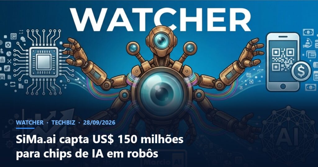 Capa do Watcher com o título SiMa.ai capta US$ 150 milhões para chips de IA em robôs