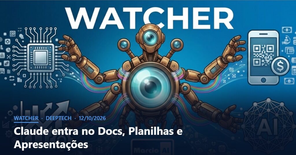 Capa do Watcher com o título Claude entra no Docs, Planilhas e Apresentações