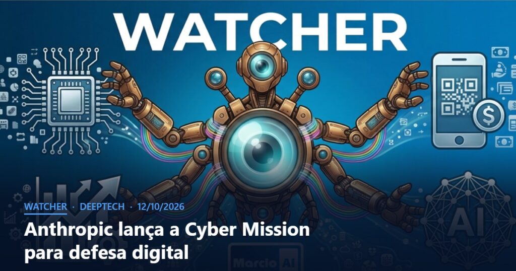 Capa do Watcher com o título Anthropic lança a Cyber Mission para defesa digital
