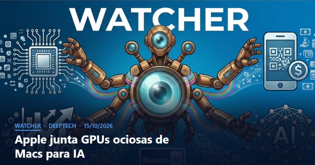 Capa do Watcher com o título Apple junta GPUs ociosas de Macs para IA