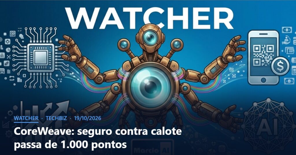 Capa do Watcher com o título CoreWeave: seguro contra calote passa de 1.000 pontos