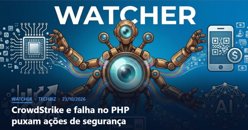 Capa do Watcher com o título CrowdStrike e falha no PHP puxam ações de segurança