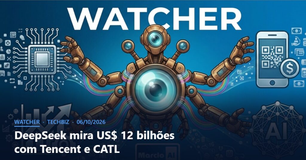 Capa do Watcher com o título DeepSeek mira US$ 12 bilhões com Tencent e CATL