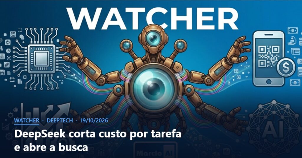 Capa do Watcher com o título DeepSeek corta custo por tarefa e abre a busca