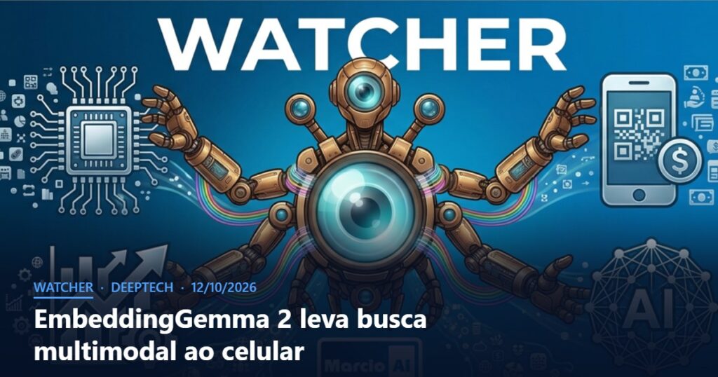 Capa do Watcher com o título EmbeddingGemma 2 leva busca multimodal ao celular