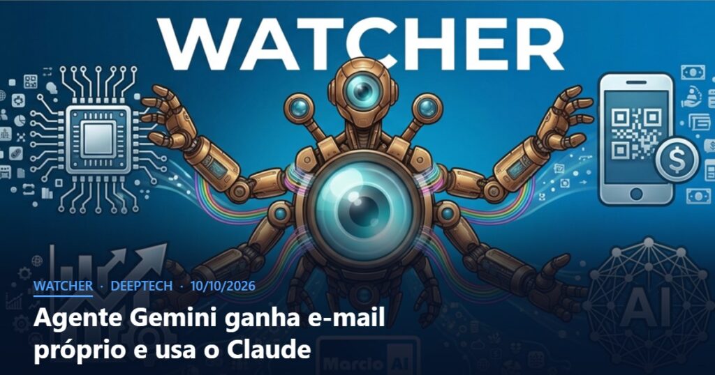 Capa do Watcher com o título Agente Gemini ganha e-mail próprio e usa o Claude