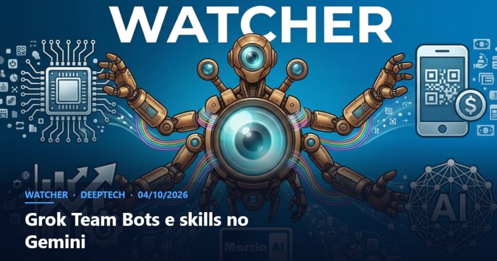 Capa do Watcher com o título Grok Team Bots e skills no Gemini