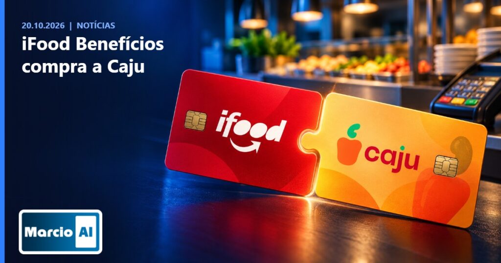 Cartões de benefício do iFood e da Caju encaixados como peças de quebra-cabeça, com o título iFood Benefícios compra a Caju e o logo da Marcio.AI
