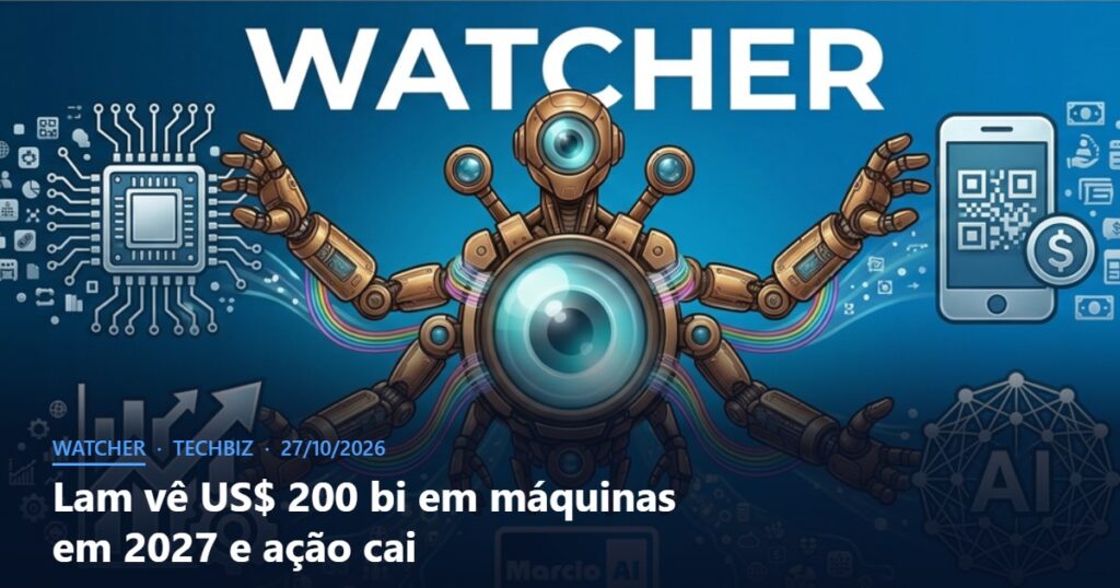 Capa do Watcher com o título Lam vê US$ 200 bi em máquinas em 2027 e ação cai