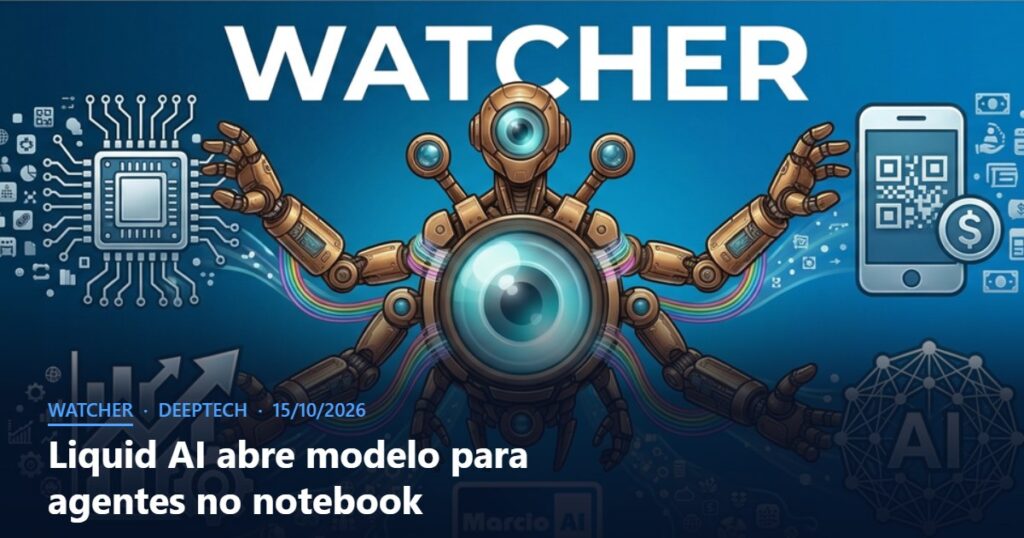 Capa do Watcher com o título Liquid AI abre modelo para agentes no notebook