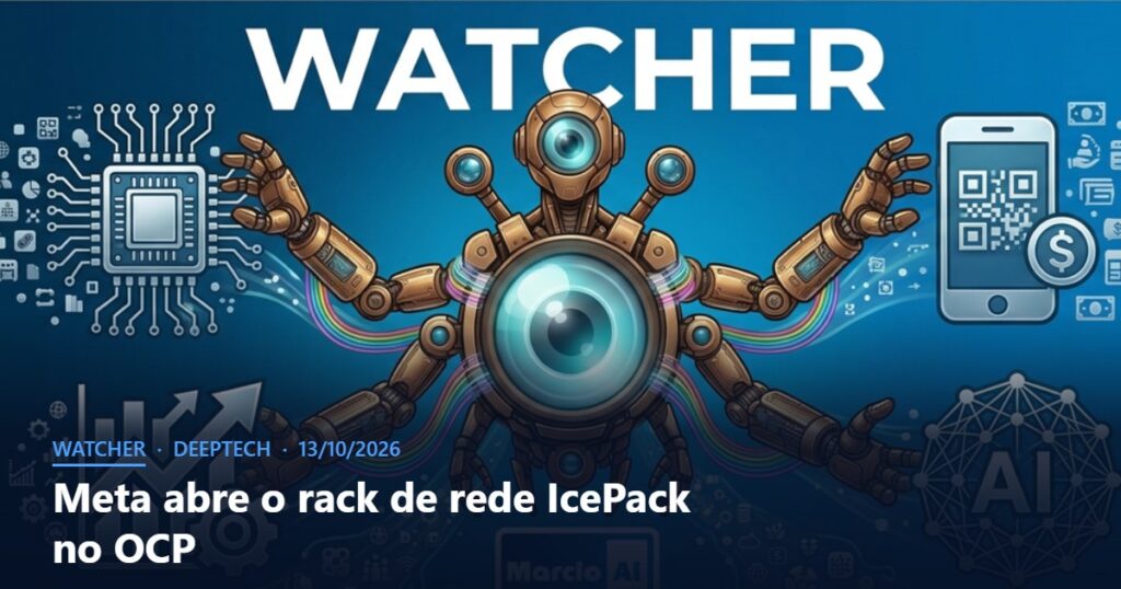 Capa do Watcher com o título Meta abre o rack de rede IcePack no OCP