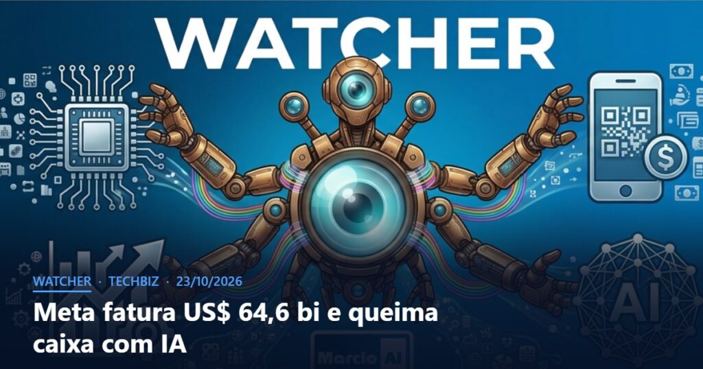 Capa do Watcher com o título Meta fatura US$ 64,6 bi e queima caixa com IA