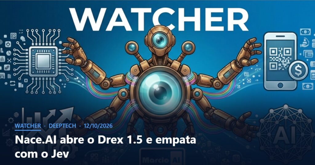 Capa do Watcher com o título Nace.AI abre o Drex 1.5 e empata com o Jev