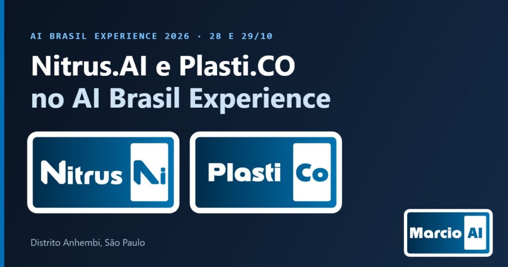 Logos da Nitrus.AI e da Plasti.CO sobre fundo azul-escuro, com o título Nitrus.AI e Plasti.CO no AI Brasil Experience e o logo da Marcio.AI