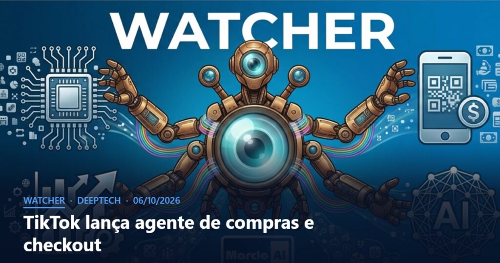 Capa do Watcher com o título TikTok lança agente de compras e checkout