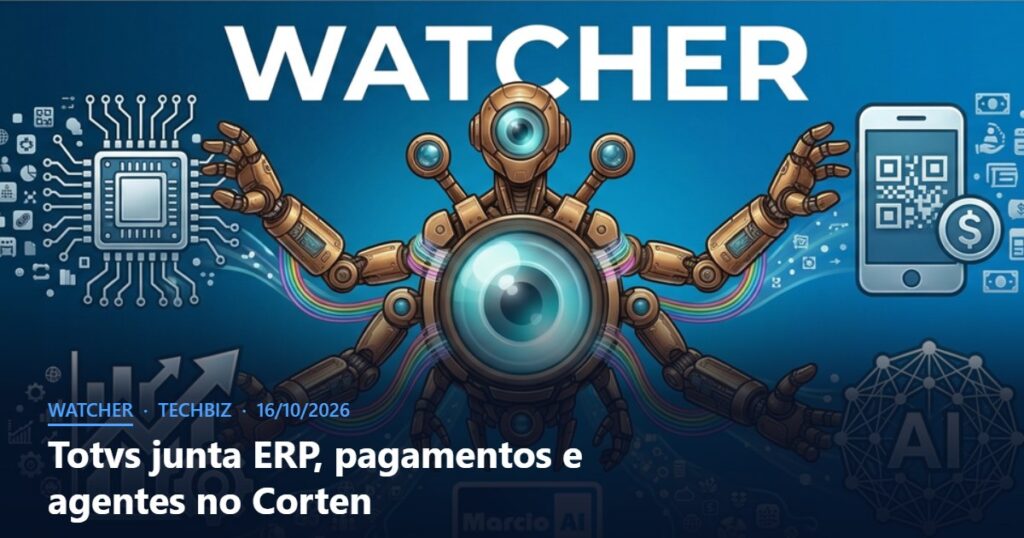 Capa do Watcher com o título Totvs junta ERP, pagamentos e agentes no Corten