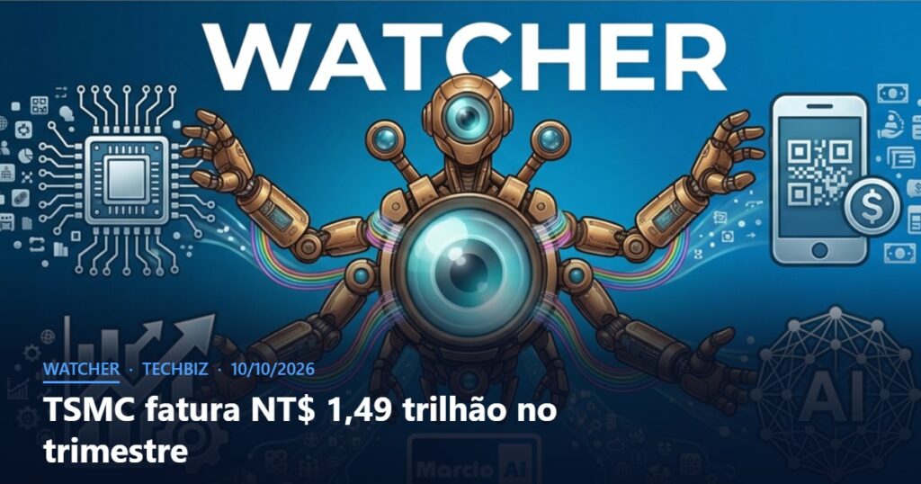 Capa do Watcher com o título TSMC fatura NT$ 1,49 trilhão no trimestre